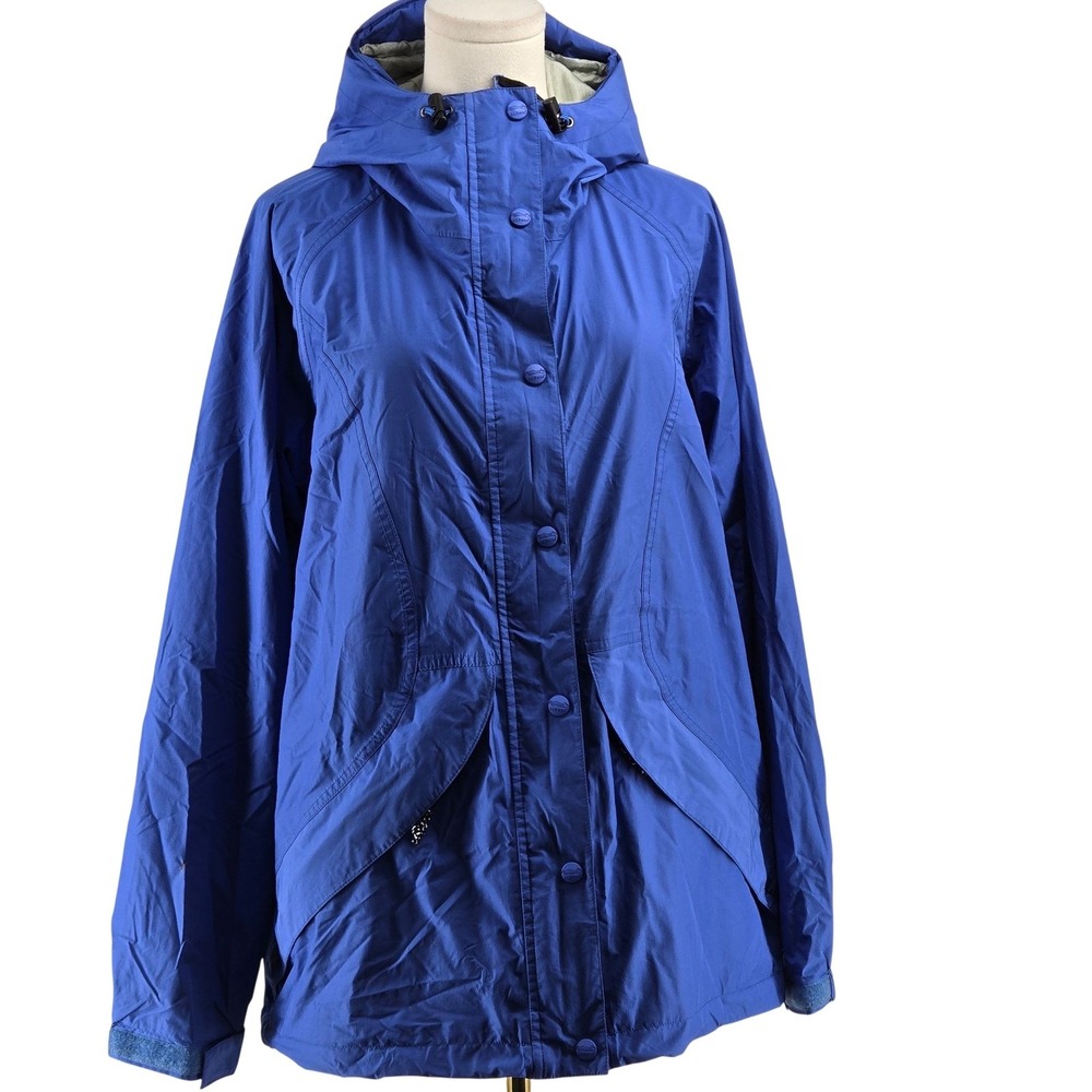 L.L. Bean Jacket Womens Large Blue Rain Coat Hooded Mid-Length Nylon Snap Lined